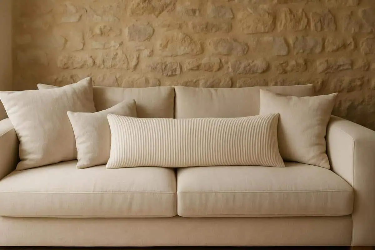 coussins decoratifs lin lavé et velours côtelé pour canapé d'angle style cocooning, mélange textures