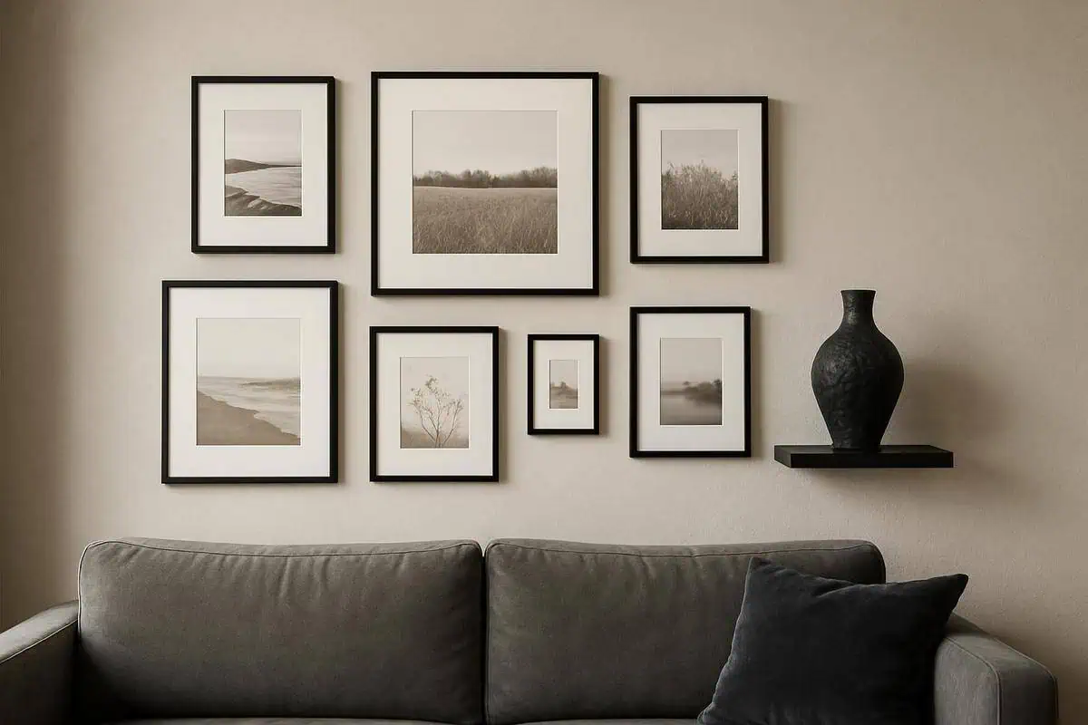 galerie murale cadres aluminium noir vase ceramique artisanale composition minimaliste deco salon