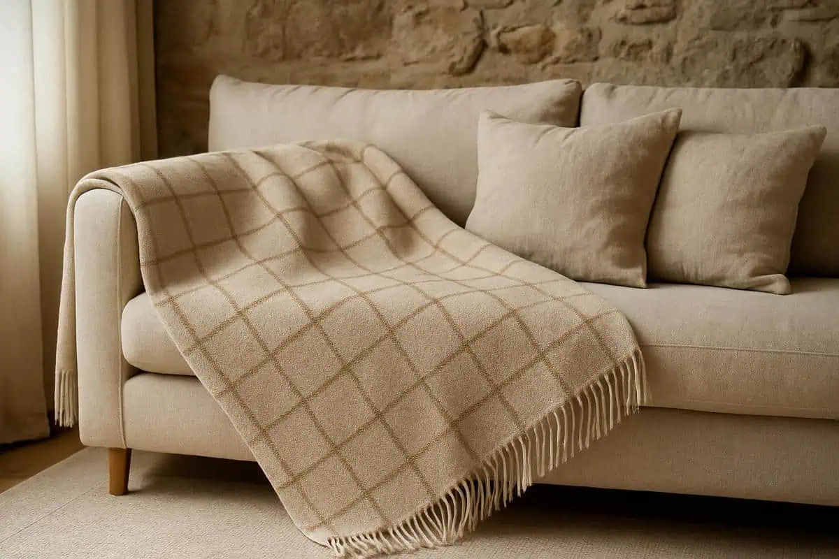 Plaid laine merinos 130x180 cm beige chine pour salon scandinave cosy hygge