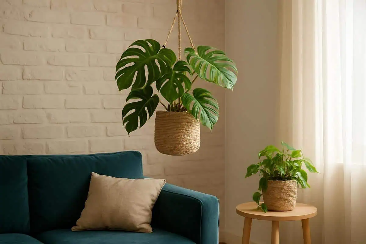 Plantes suspendues Monstera et Ficus lyrata avec luminosite LED pour petit salon coin detente