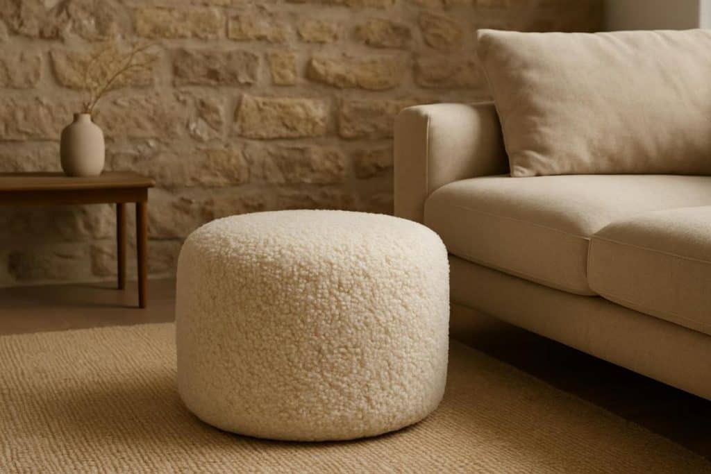 Pouf laine bouclée naturelle 40 cm diametre salon scandinave repose pieds