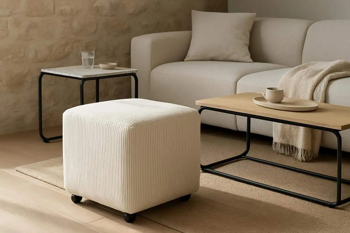 Poufs velours et tables pliantes avec roulettes pour meubles modulables legers et optimiser petit salon