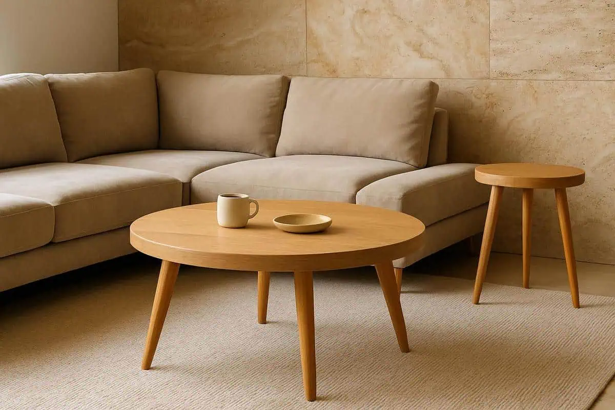 table basse ronde en chêne massif avec pieds fuseaux, style scandinave pour canapé d'angle