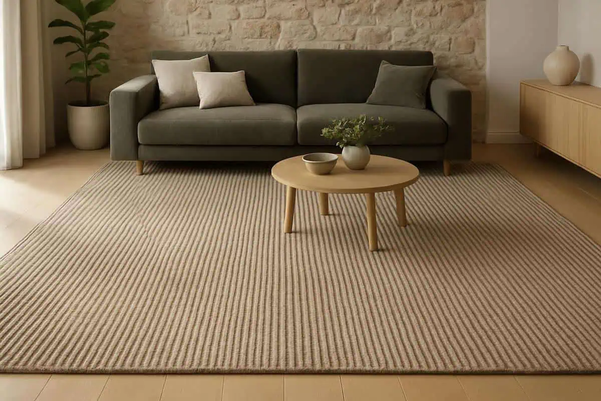 tapis graphique grand format 250x350 velours côtelé XXL pour unifier salon avec canapé d'angle