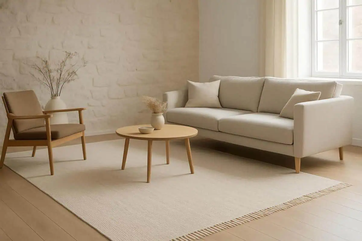 Tapis laine ecru 200x300 cm pour salon scandinave cosy, tissage plat nordique