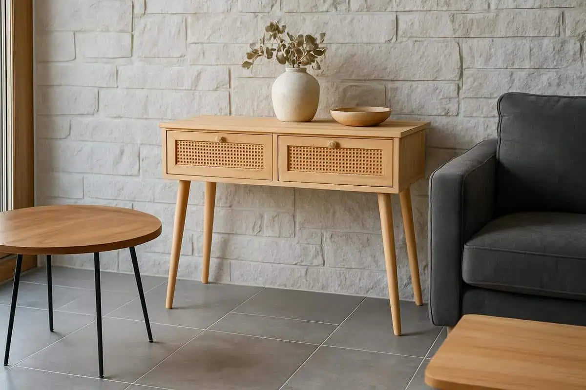 Meuble console en bois naturel clair avec plateau rotin pour salon carrelage gris, essence chene blanchi frene style scandinave