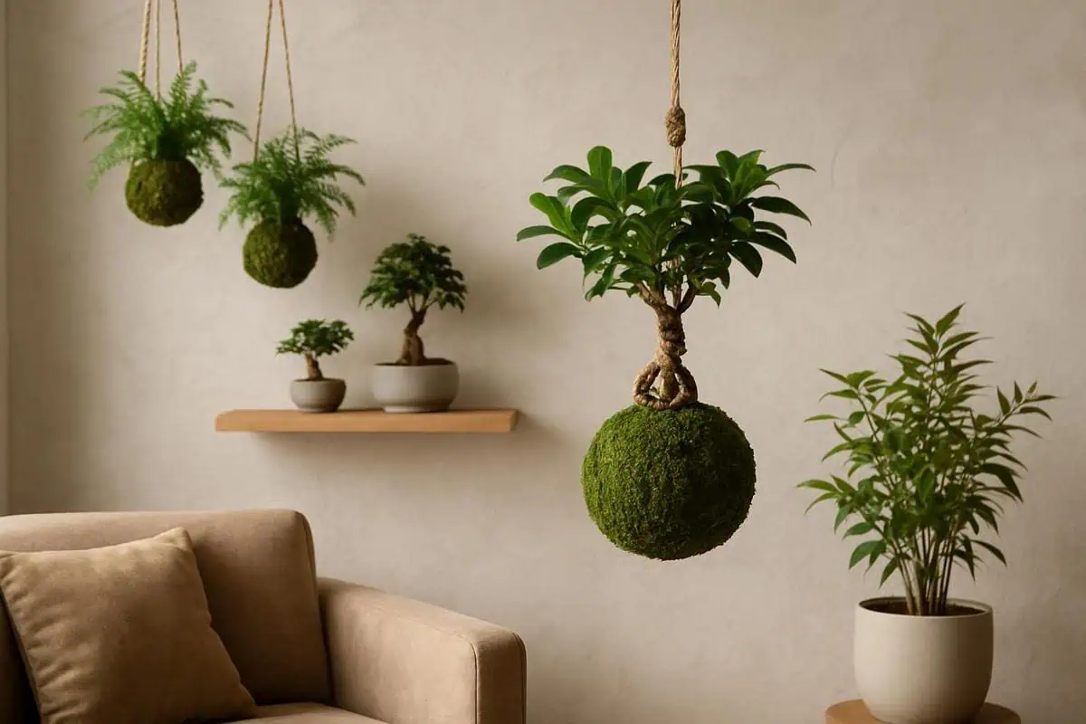 Bonsai ficus kokedama suspendu fougere plantes zen pour chambre japonaise moderne deco