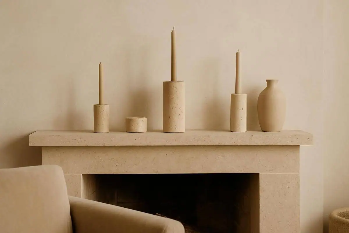 Bougeoirs en travertin warm minimalism décoration cheminée ton sur ton