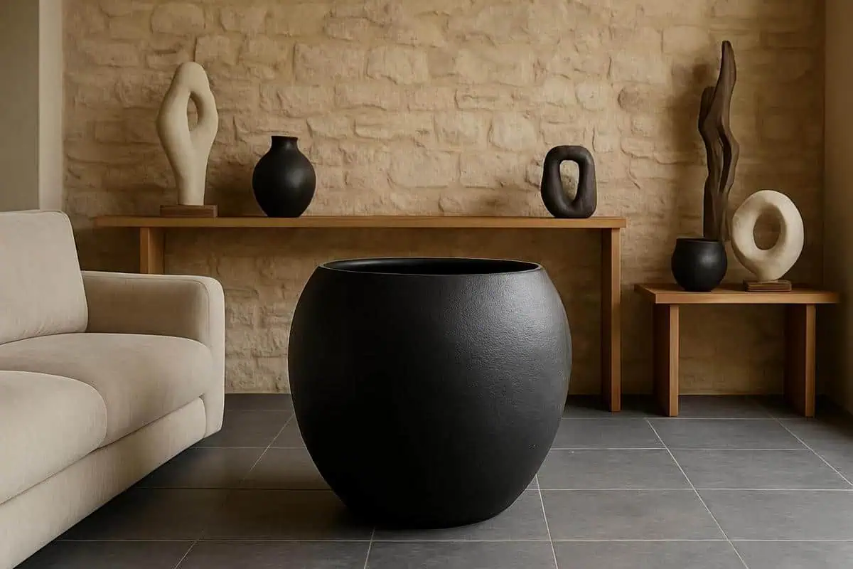 Cache-pots en ceramique et terre cuite XXL objets decoratifs ardoise pour salon carrelage gris, vases artisanaux noir mat