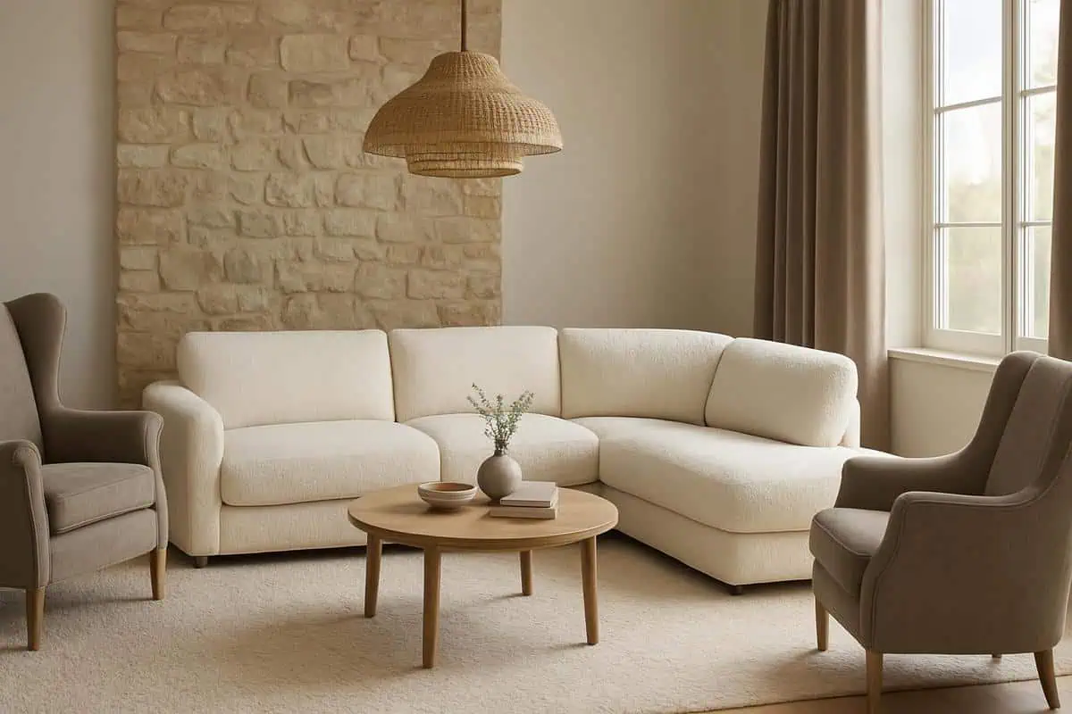 Canape d angle en tissu bouclette blanc casse pour palette couleurs cosy salon cocooning teintes chaudes