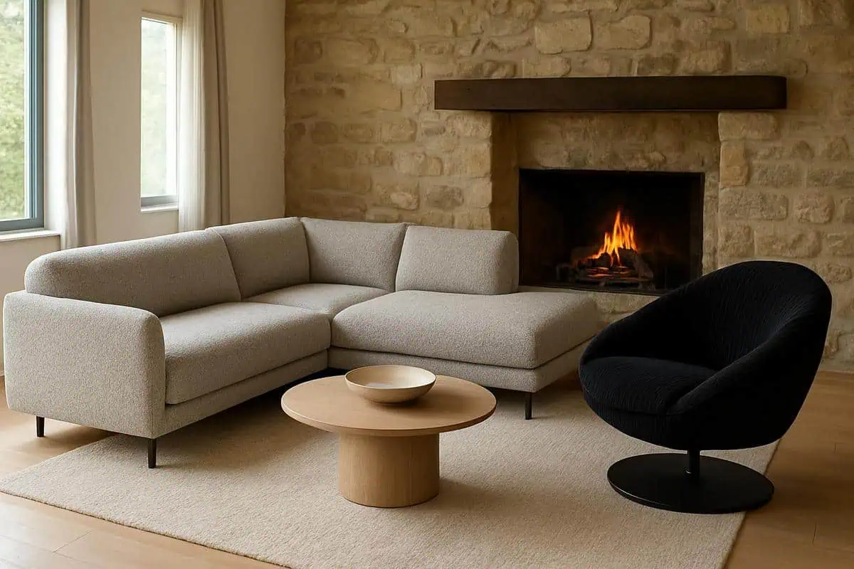 canapés courbes gris bouclette méridienne et fauteuil cocon velours côtelé noir pour salon avec cheminée moderne