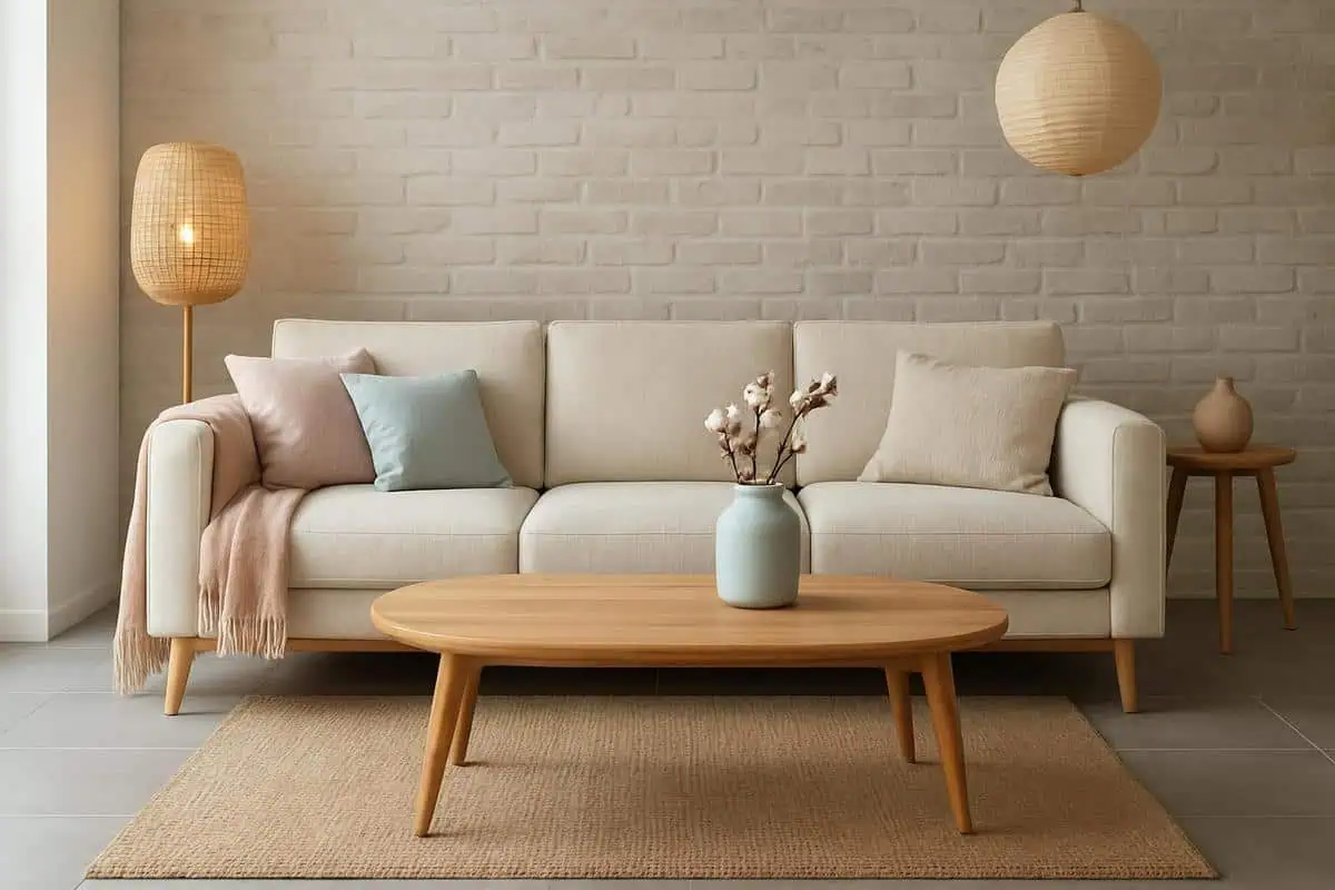 canapé en tissu en lin blanc cassé pour sol gris 