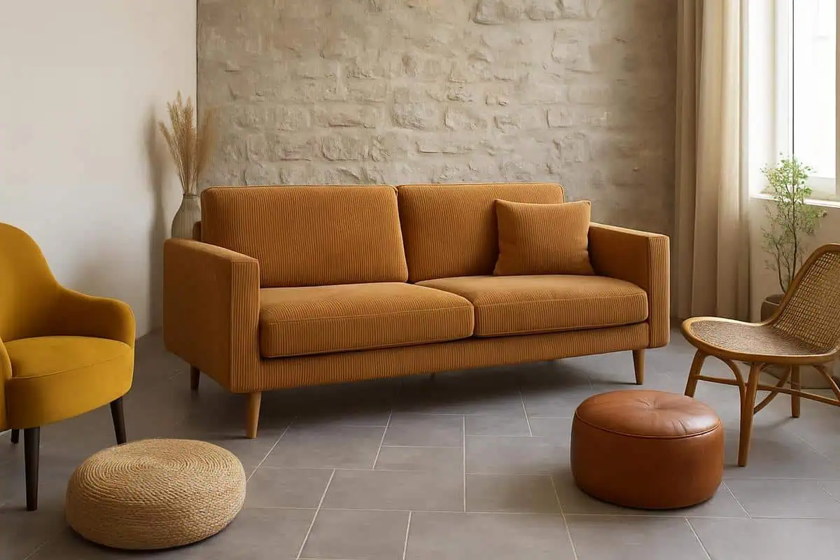 Canape trois places velours cotele camel et fauteuil rotin avec coussin ecru pour salon carrelage gris avec esthetique teintes chaudes et resistance entretien facile