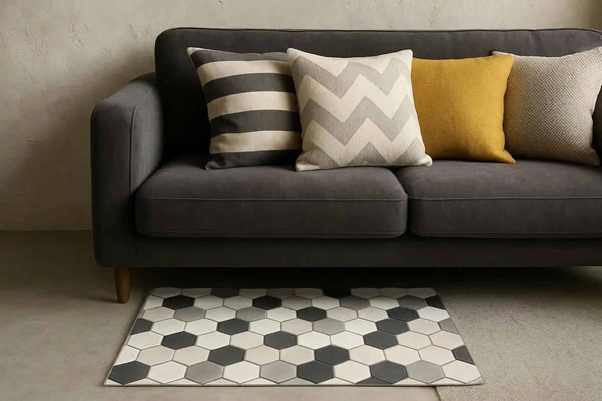 Carreaux hexagonaux graphiques mosaique pour salon carrelage gris, motifs geometriques noirs blancs revêtement sol mur
