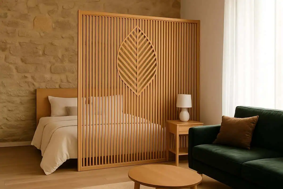 Claustra bois paulownia lamelles ajourées tête de lit chambre japandy séparation minimaliste