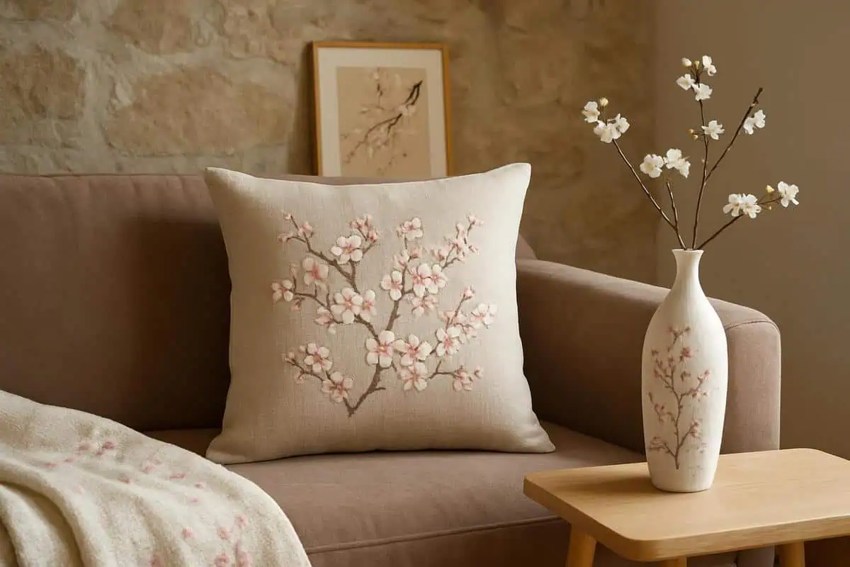 Coussin lin brode fleurs cerisier sakura rose pale taupe accessoires japandi chambre