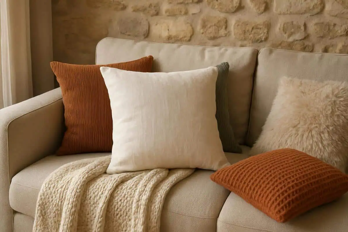 Coussins moelleux 60x60 en velours côtelé et lin lavé pour idée déco salon cocooning