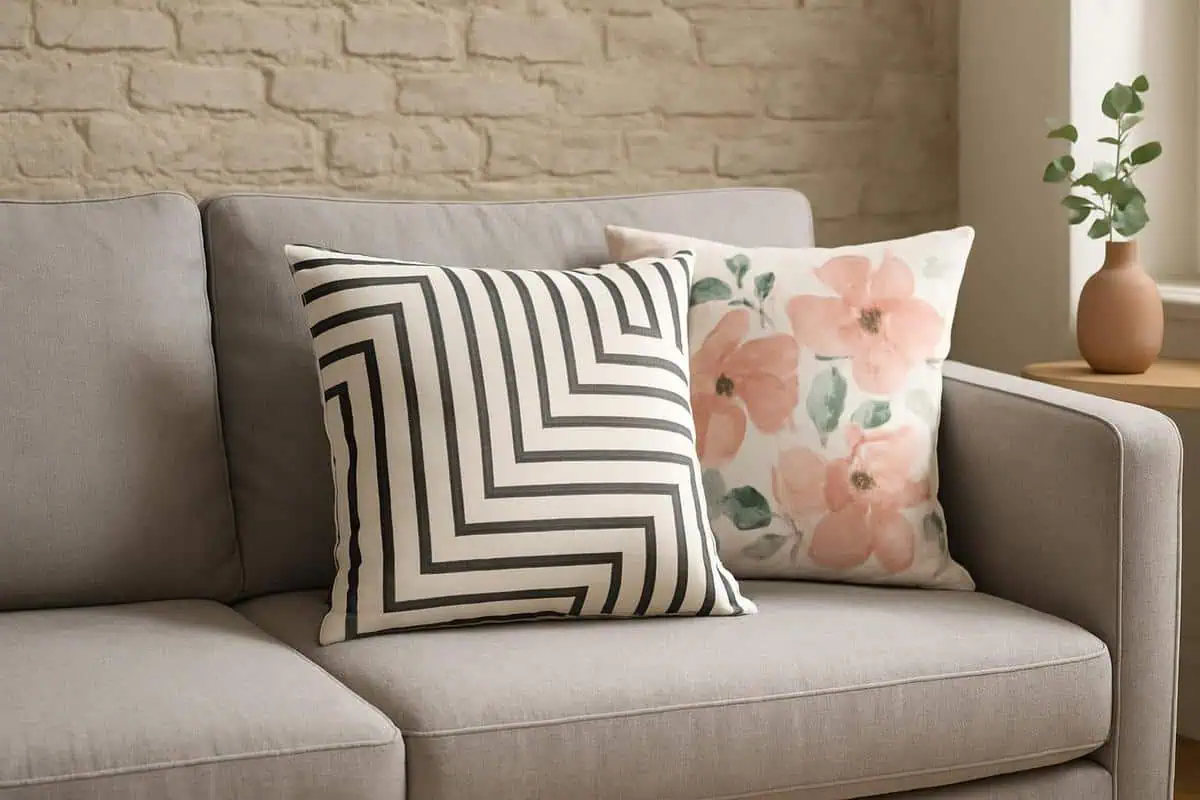 coussins motifs géométriques et floraux pour canapé gris clair style scandinave, Marimekko Unikko monochrome avec herbier botanique HKliving