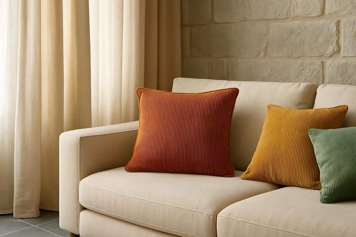 Coussins en velours cotele terracotta et moutarde pour ambiance cosy salon carrelage gris, accessoires textiles coordonnes