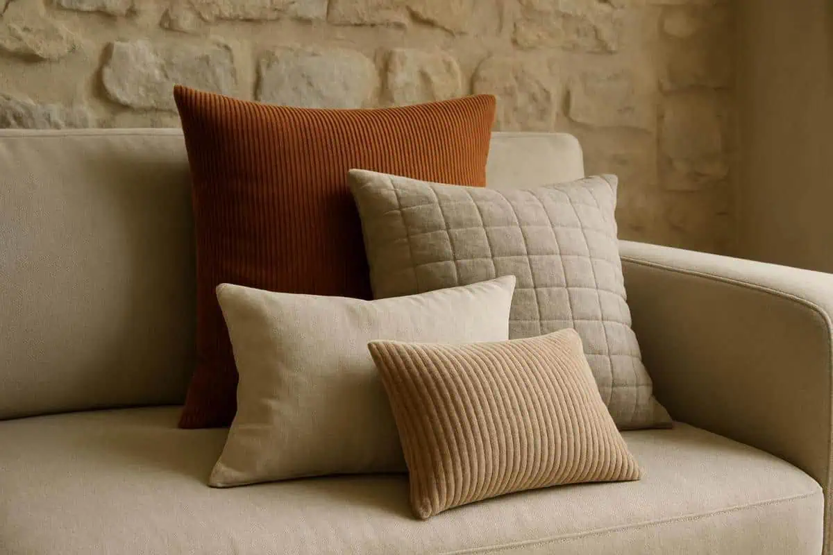 Coussins relief 50x50 en velours cotelee et lin gaufre pour decoration chambre adulte 2026