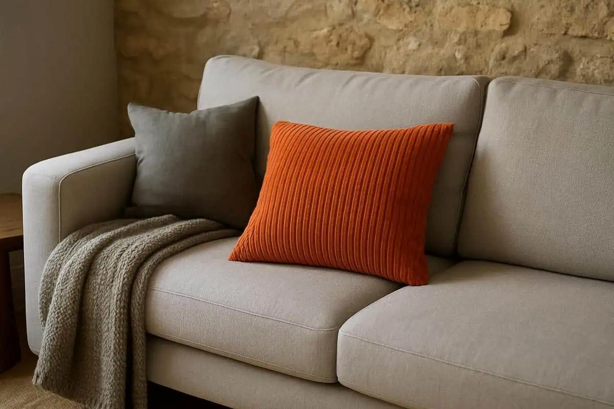 coussins velours côtelé terracotta Dutchbone Lush associés lin lavé Arket Home pour canapé gris clair ambiance cocooning