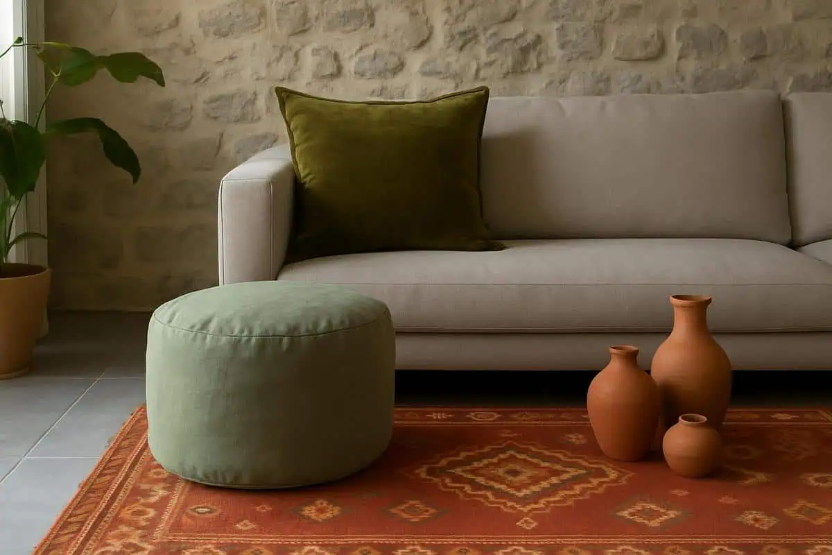 Coussins velours vert olive et pouf lin vert sauge, tapis kilim terracotta géométrique pour carrelage gris