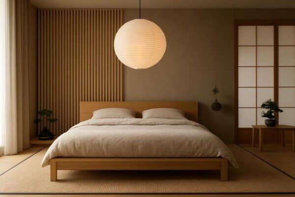 Déco chambre japonaise moderne style japandy avec lit futon bas en chêne clair claustra bois tête de lit tatami jute naturel linge de lit beige lin lavé suspension papier riz akari et touches végétales zen