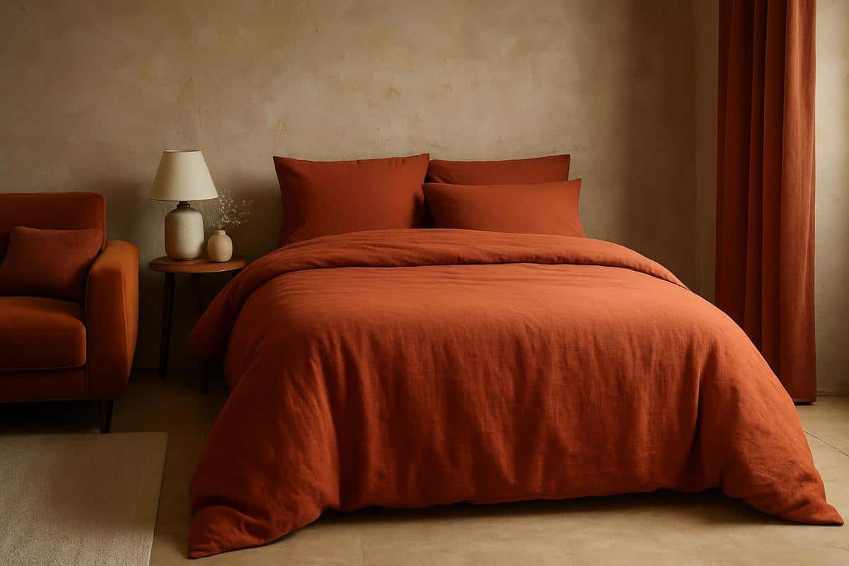 draps en lin rouille terracotta pour deco chambre adulte 2026, La Redoute, couleur chambre adulte palette terreuse