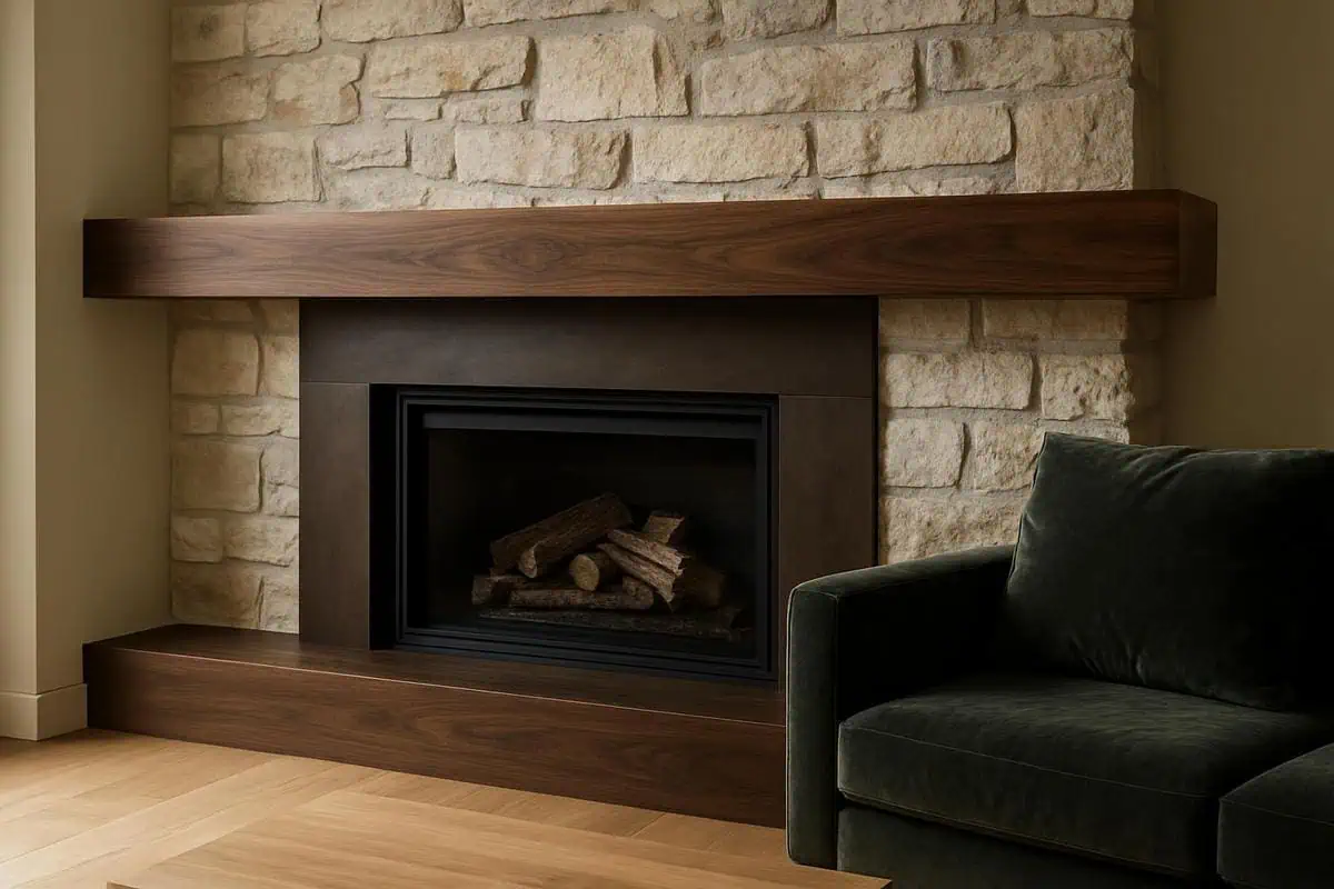 Etagère tablette en bois foncé noyer au-dessus cheminée, console invisible, dimensions 4-5 cm épaisseur, décoration salon contemporain