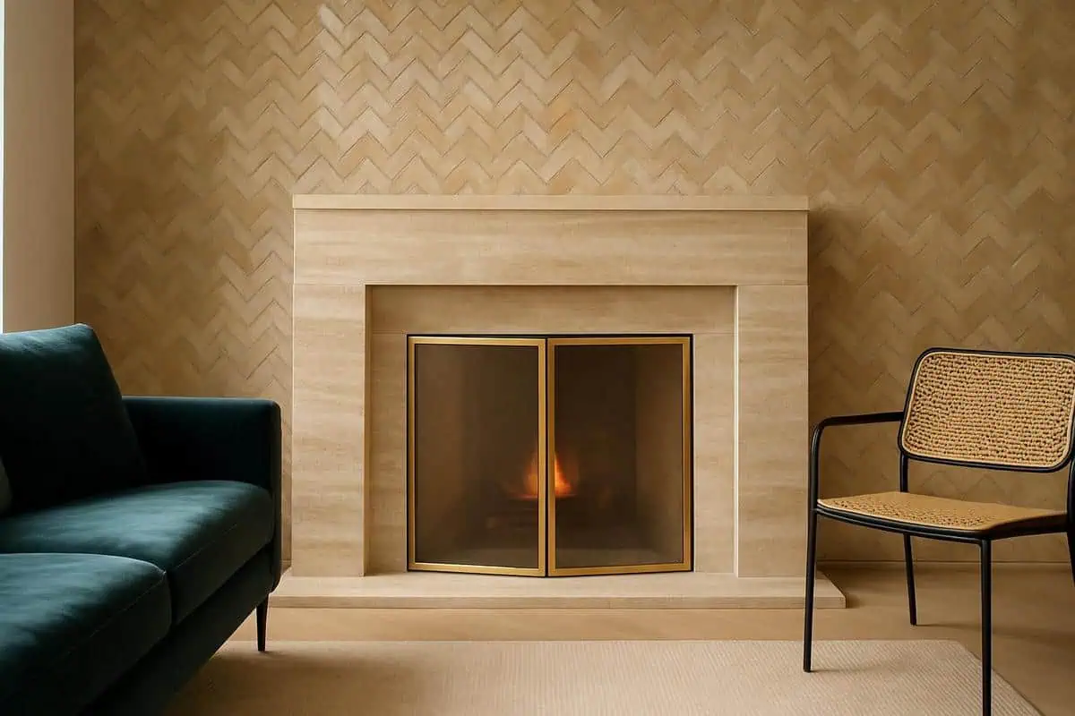 façade cheminée parement pierre naturelle travertin ardoise entourage marbre design écran laiton acier noir