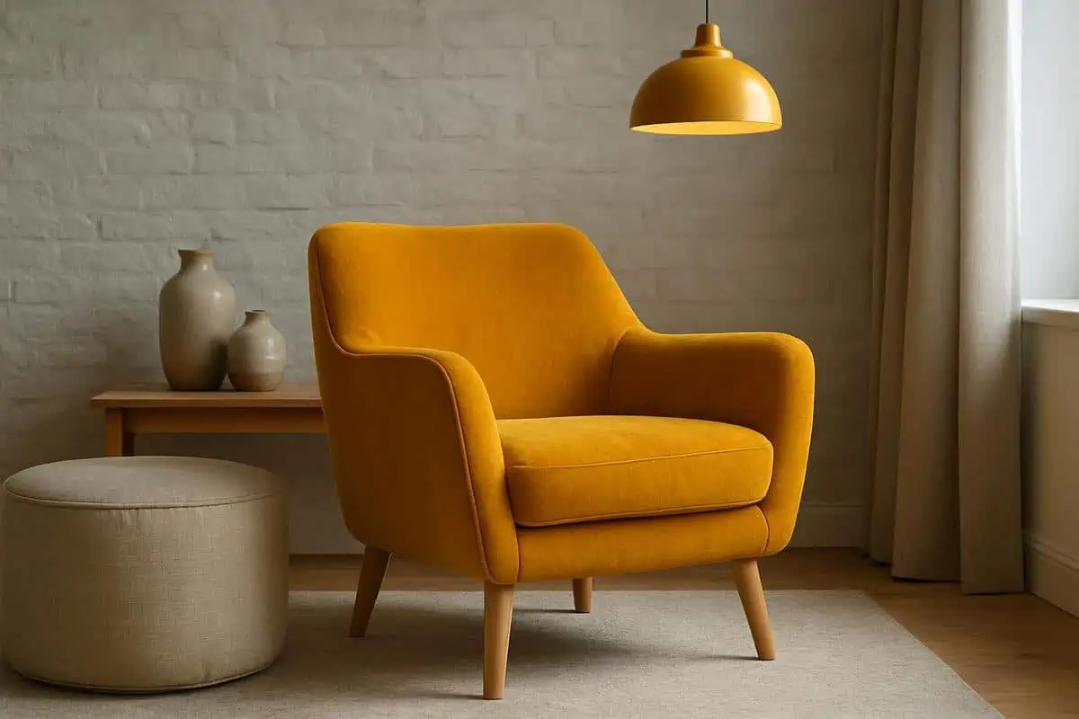 fauteuil velours jaune moutarde contraste canapé gris clair déco salon élégant