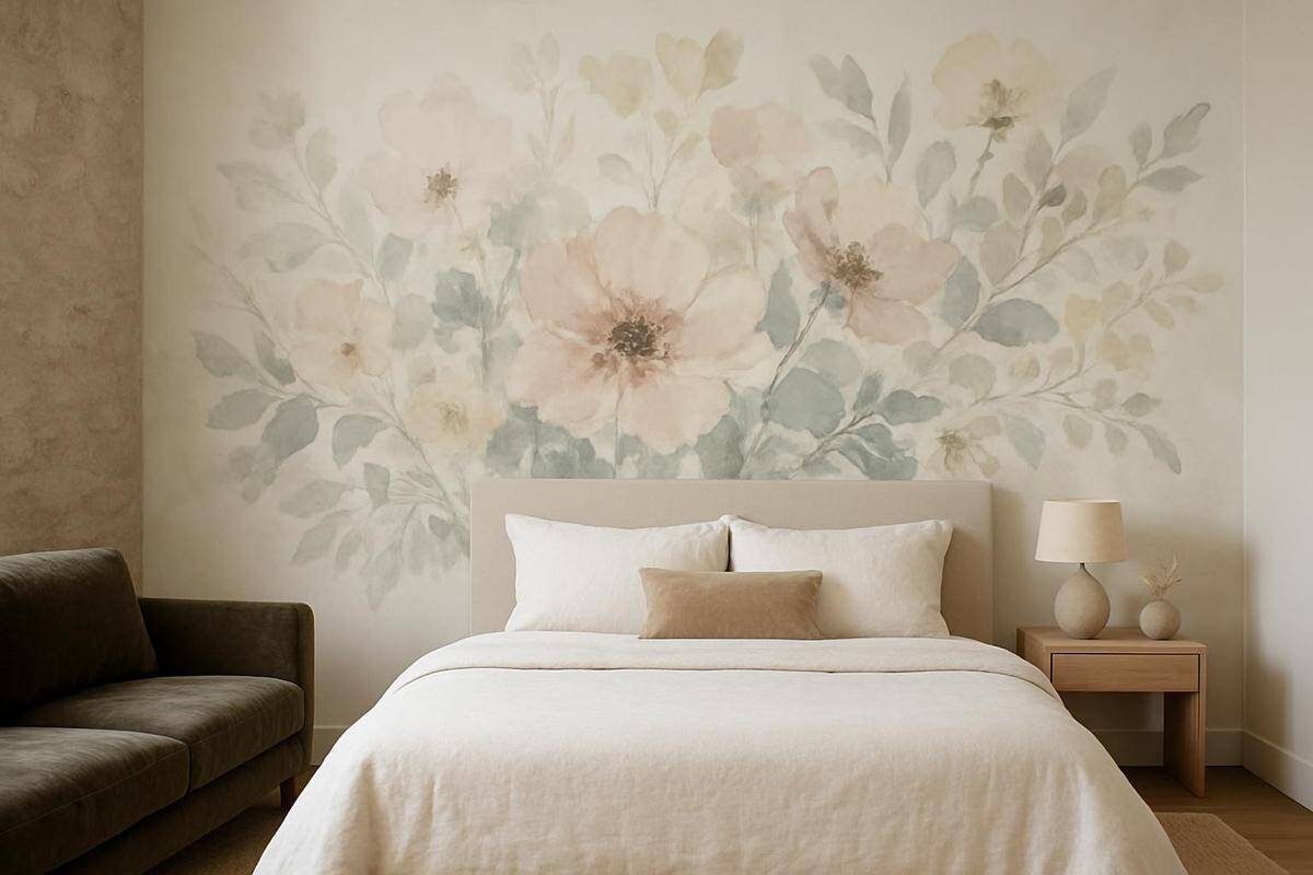 Fresque murale panoramique paysage aquarelle teintes poudrées derrière tête de lit chambre adulte