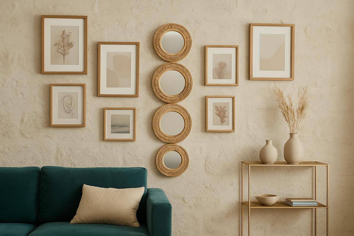 Galerie murale asymétrique cadres chêne et miroirs ronds rotin derrière tête de lit chambre adulte