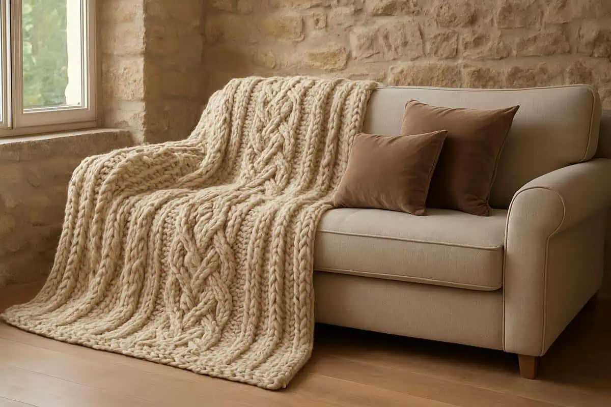 Jetee de lit XXL maille torsadee avec coussins relief velours pour chambre adulte 2026