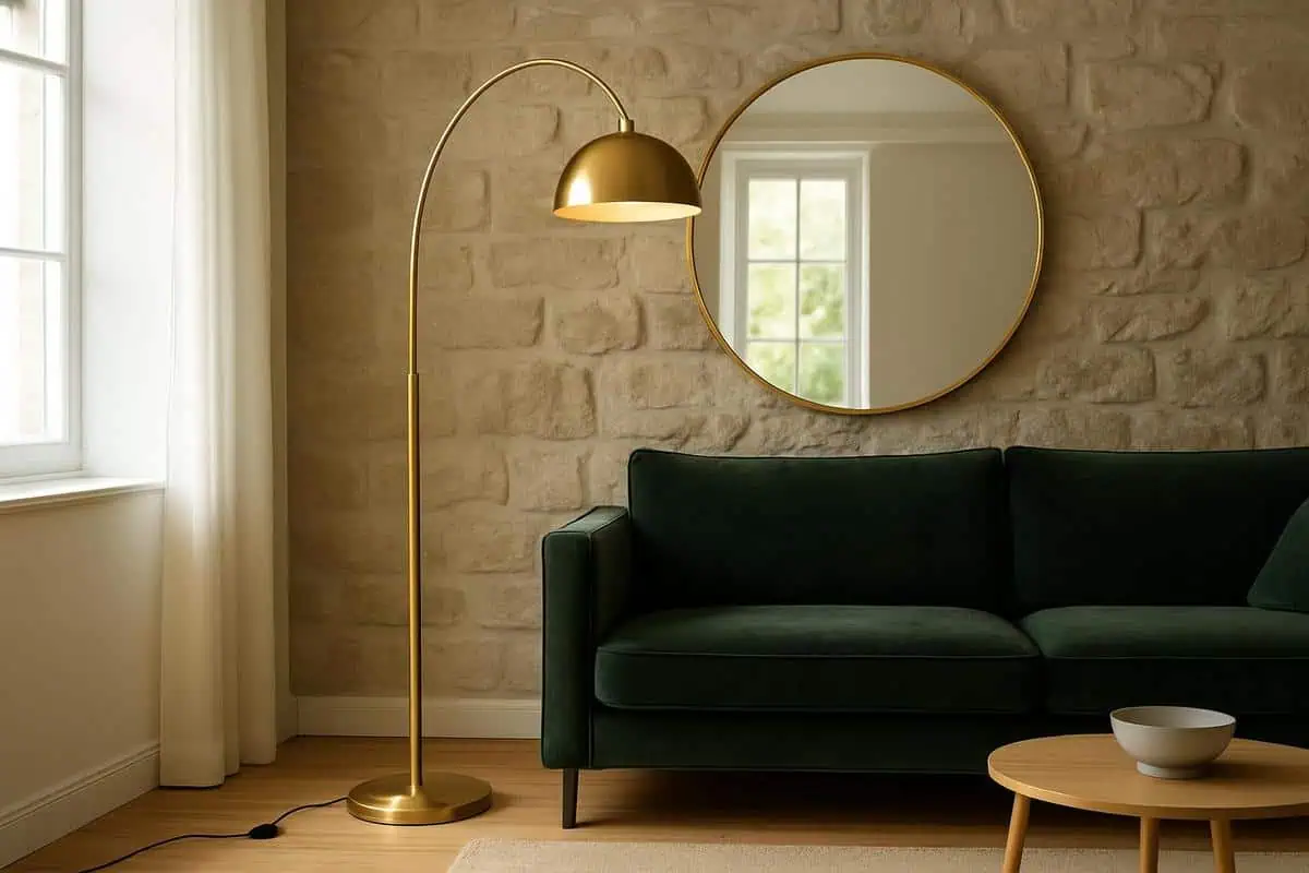 Lampadaire arc en laiton brute dore pour salon carrelage gris, suspension geometrique metal cuivre touches dorees sophistiquees