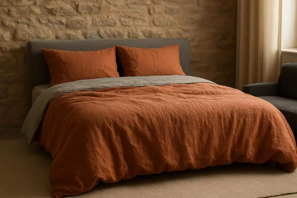 Linge de lit en lin lave et coton froisse pour decoration chambre adulte 2026, parure couleur terre cuite et gris perle