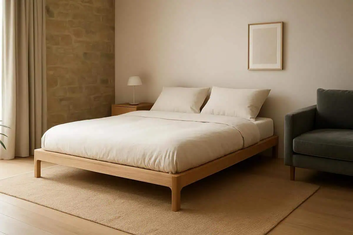 Lit futon cadre bas chêne massif chambre japandy décoration minimaliste scandicraft