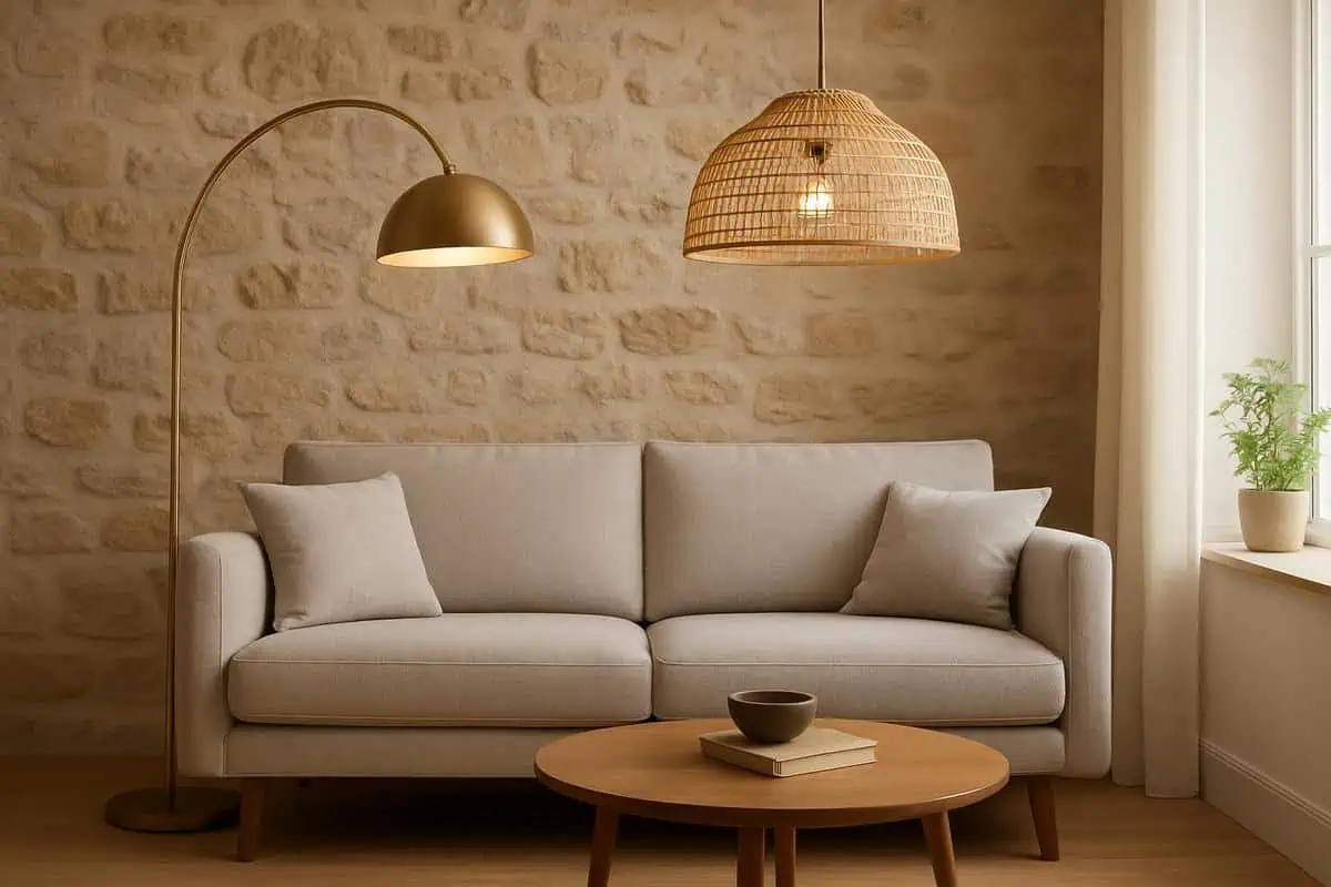 Luminaires multiples chauds lampadaire arc laiton suspension rotin température 2700K salon canapé gris clair cosy