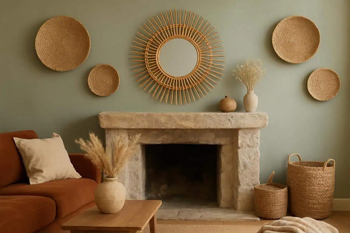 Miroir soleil rotin naturel décoration bohème bucolique cheminée salon