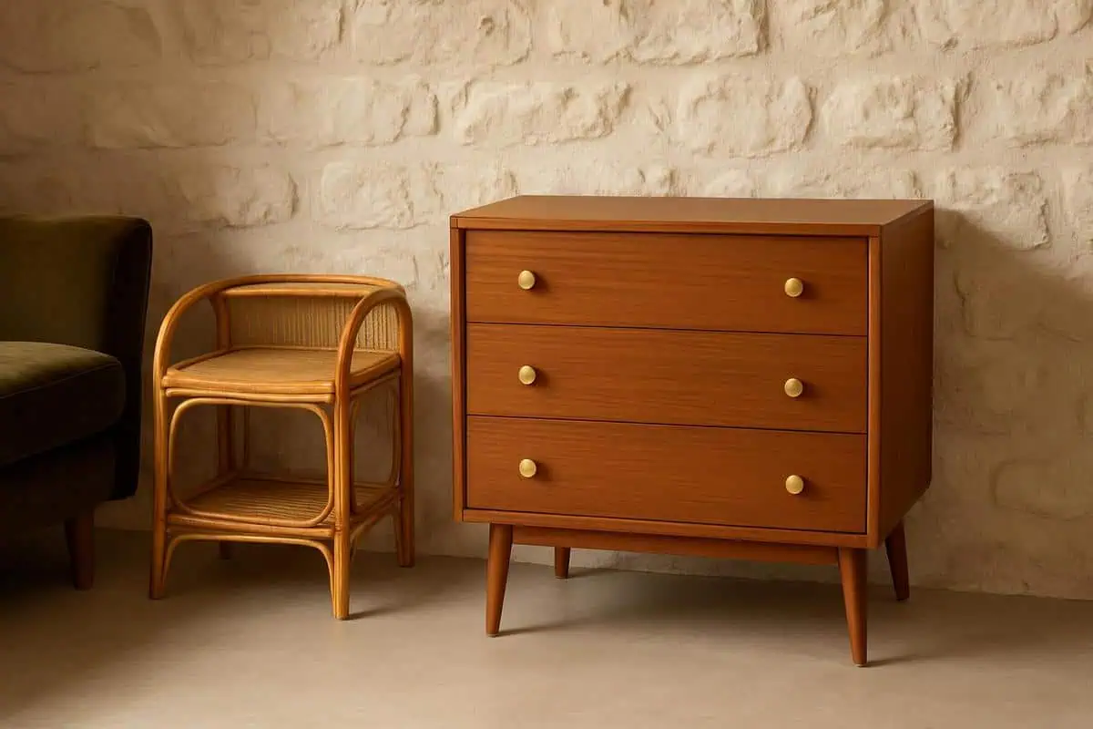Mobilier chiné vintage commode années 60 teck style bohème chic deco chambre cottage authentique