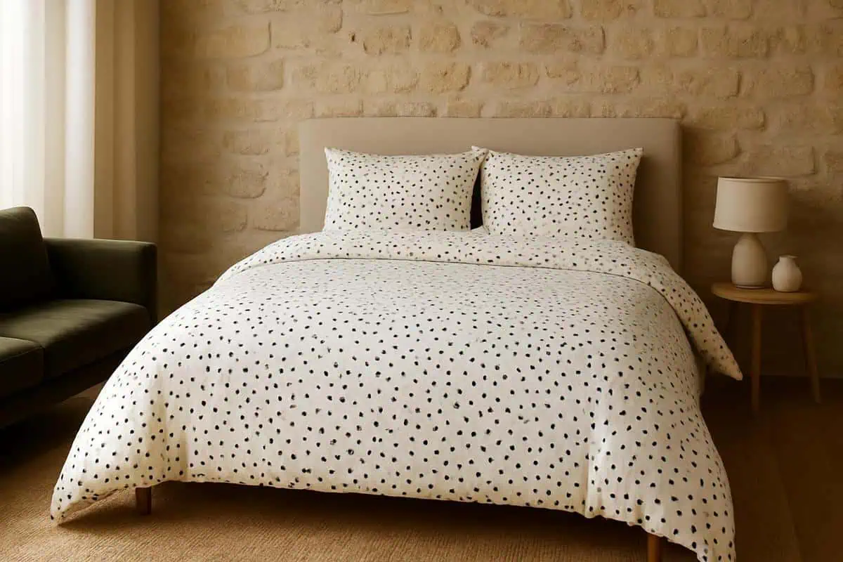 Linge de lit motifs pois ton sur ton et formes organiques pour chambre adulte 2026