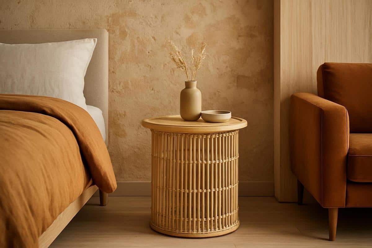 palette terreuse ocre beige bois clair deco chambre adulte 2026, chevets rotin HKliving, linge lit lin stone wash harmonie, couleurs chambre naturelle