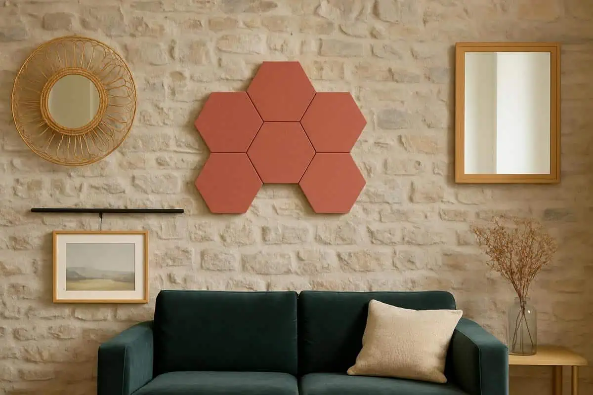 Panneaux muraux en bois acoustique hexagonaux rose argile pour decoration mur carrelage gris, revêtements sans travaux