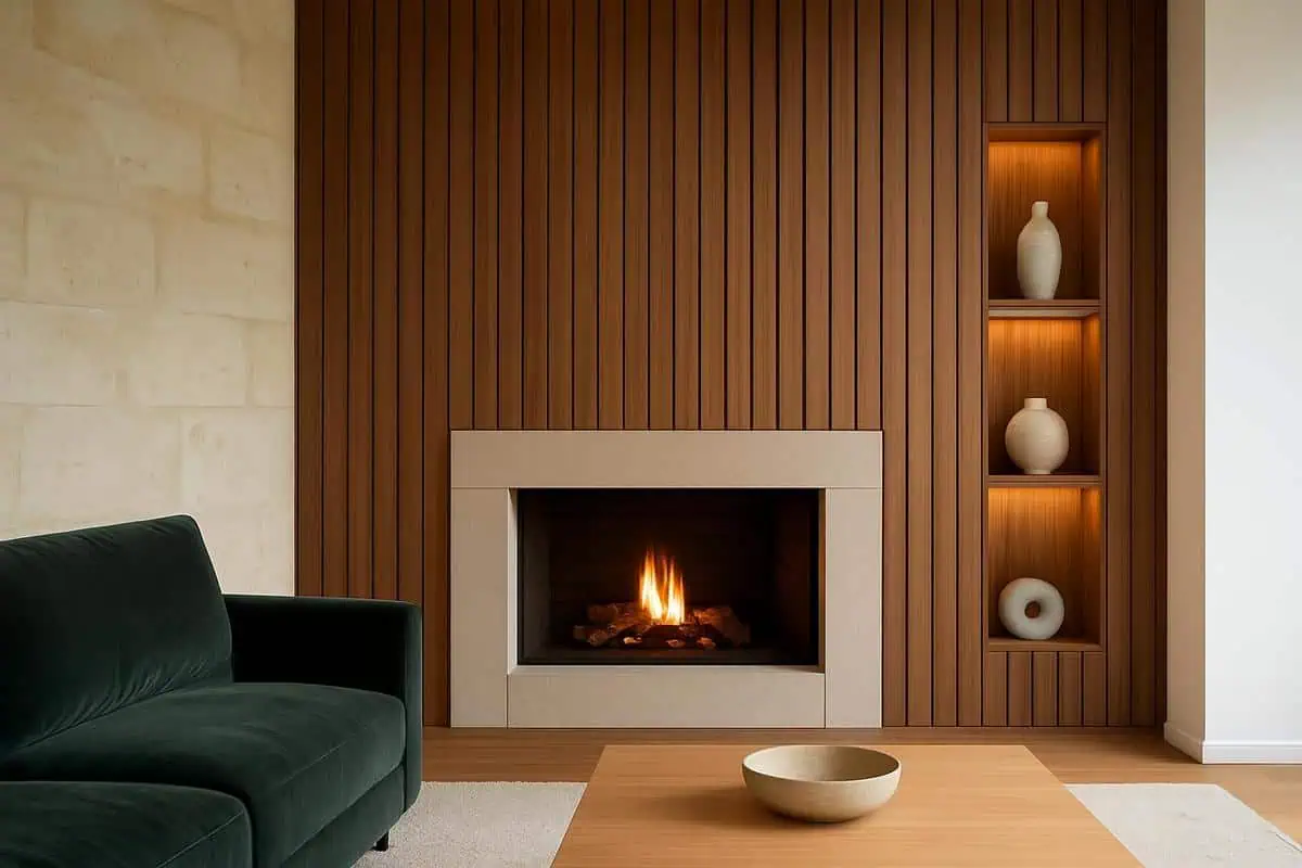murs boisés panneaux rainurés verticaux chêne noyer avec niches décoratives et éclairage LED pour habillage cheminée design