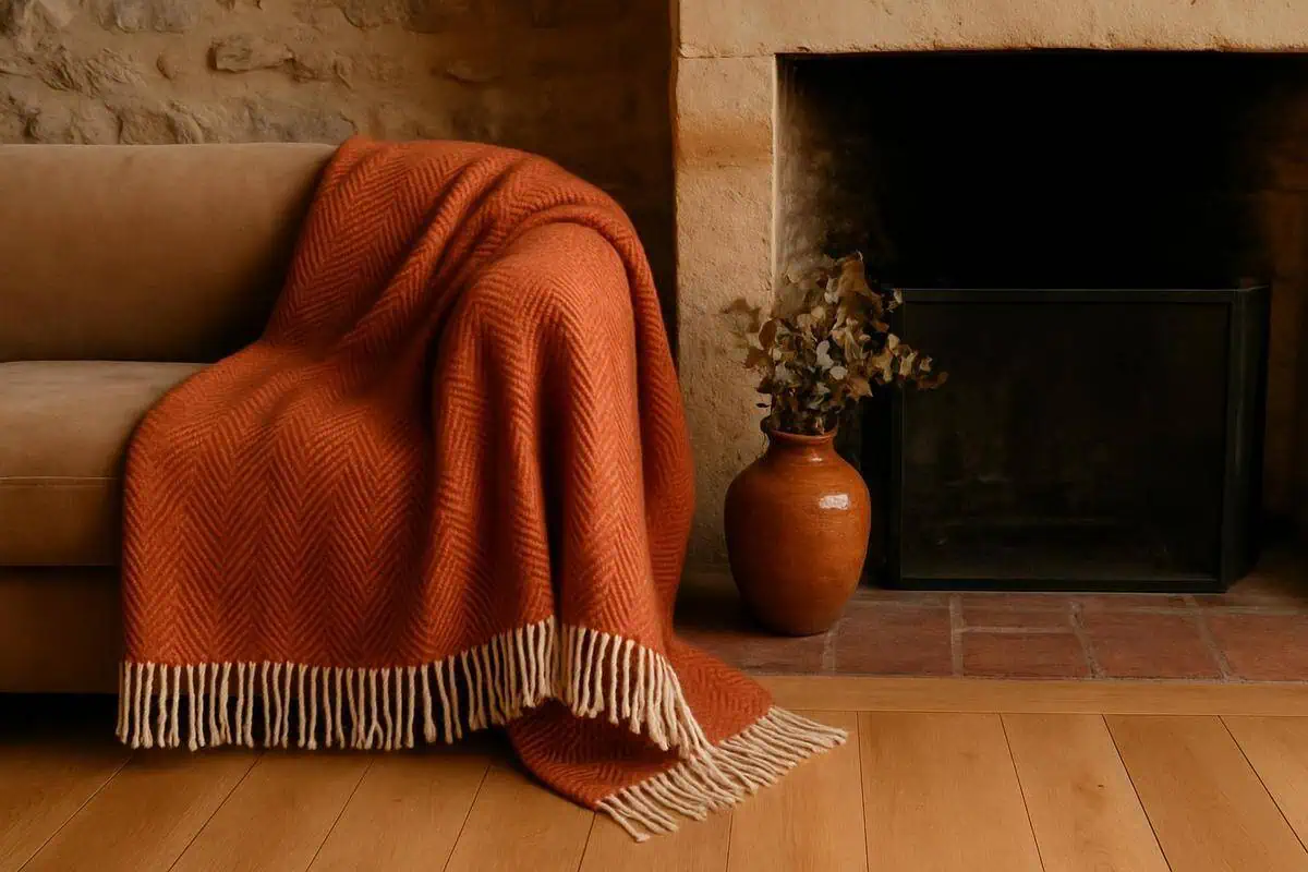 plaid XXL laine merinos terracotta 400g/m2 Moimoln deco salon avec cheminee