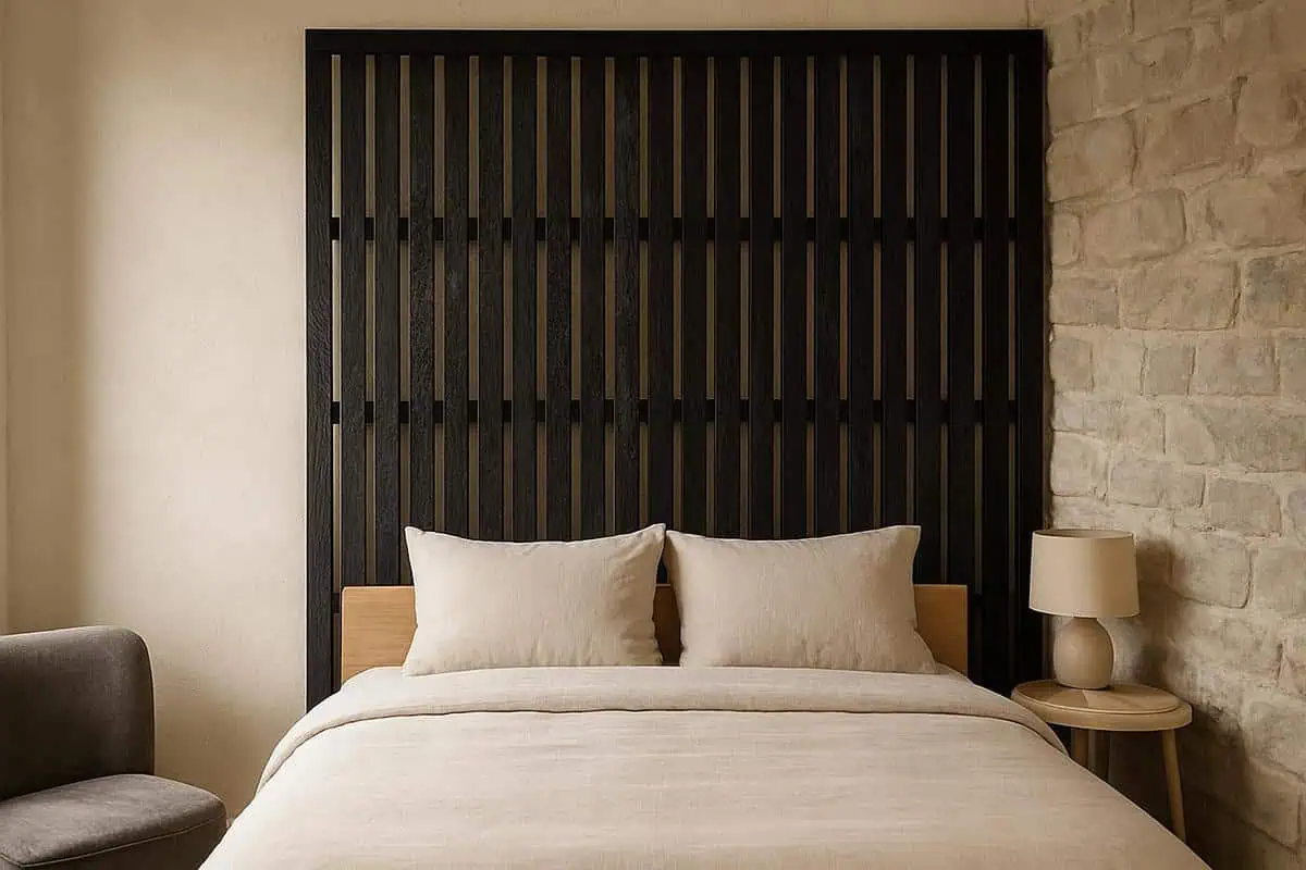 Claustra Shou Sugi Ban bois brûlé noir graphique technique japonaise chambre minimaliste