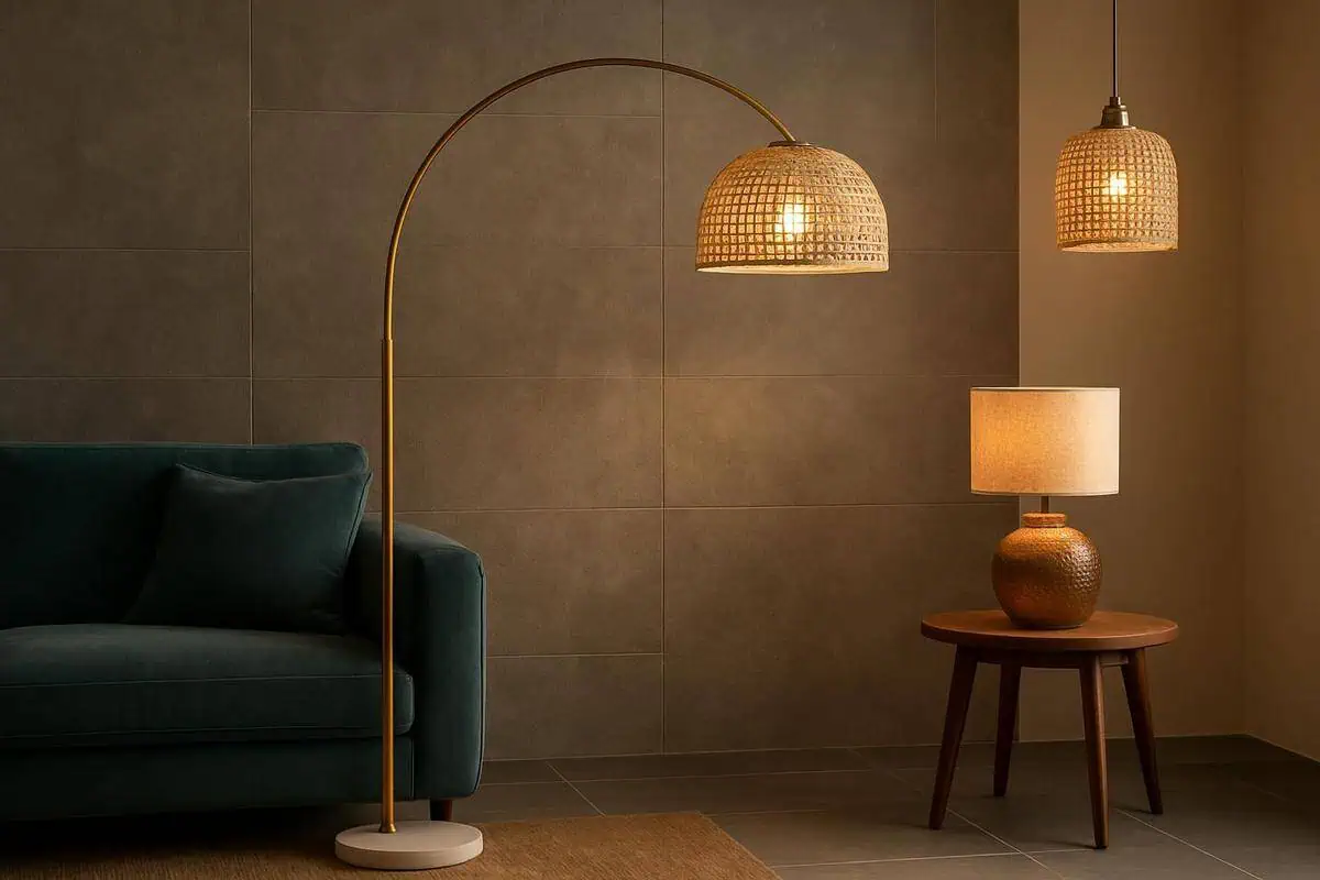 Suspension en rotin et lampadaire arque avec LED blanc chaud pour eclairage indirect et gestion de la lumiere naturelle en salon carrelage gris