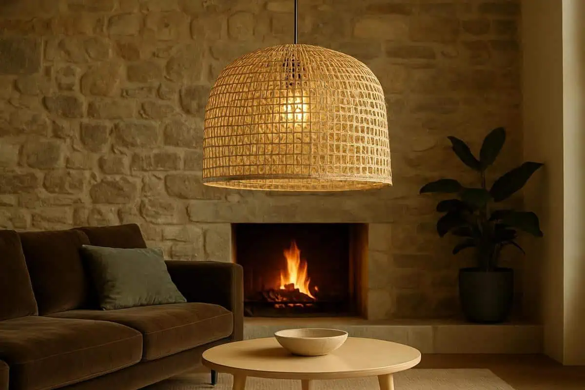 Suspension XXL en rotin tressé main 60-80 cm pour salon avec cheminée, diffusant lumière tamisée et créant jeux d'ombres