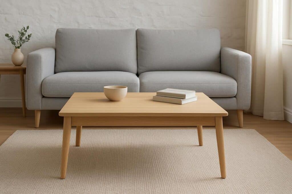Table basse en bois clair chêne naturel style scandinave pour canapé gris clair salon harmonieux
