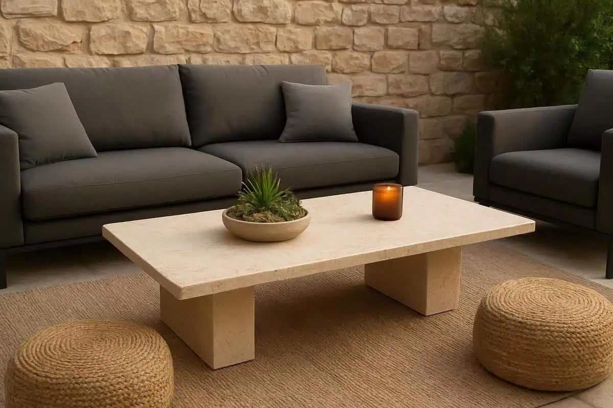 table basse rectangulaire en travertin vieilli pour salon de jardin bas zen avec plateau decoratif